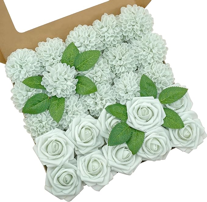 Artificial Flowers, 50pcs Artificial Rose for DIY Wedding Bouquets Centerpieces Arrangements, Light Green Rose Flowers with Stem for Bridal Shower Party Home Decorations