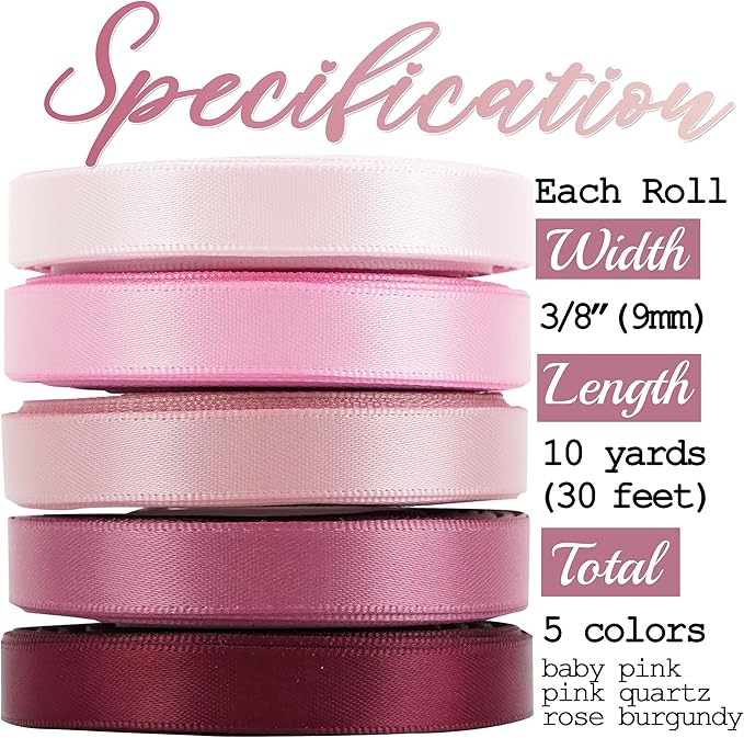 HUIHUANG Pink Ribbon Pack Satin Ribbon Assortment 5 Colors Double Face Valentine's Day Ribbon for Gift Wrapping Wedding Decor Baby Shower Decor, 3/8" X 10 Yard Each Total 50 Yds Per Package