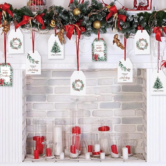 100 Pcs Christmas Paper Gift Tags Watercolor Plants Xmas Winter Seasonal Wishes Hanging Label Tags with Hemp Rope for Xmas Holiday Gift Wrapping DIY Crafts, 4 Designs