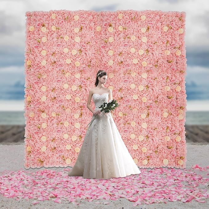 Eapmic 15"x 15" Artificial Flower Wall Panels,Flower Wall Mat Silk Flower Panels for Outdoor Garden Backyard Fence Fence Privacy Screen and Indoor Wall Decor(12Pcs Pink+Champagne)