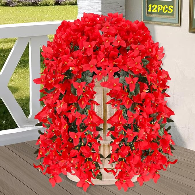 Artificial Bougainvillea Flowers for Outdoor Plant,12 pcs Faux Hanging Flowers Bougainvillea for Outside Decoration,Fake Silk UV Resistant Vines for Front Door Porch(Red)