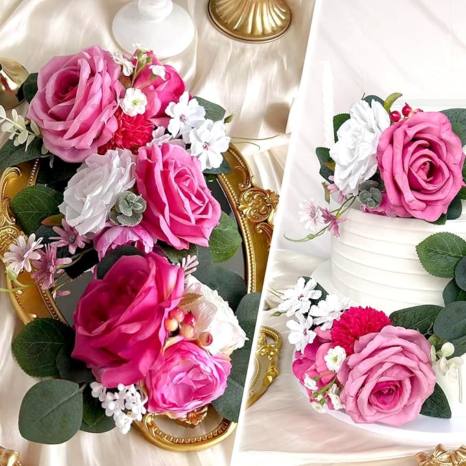 Pre-Made Hot Pink Silk Flowers for Cakes Decorations Fuchsia Light Pink Artificial Rose Peony Wedding Cake Toppers Decorating Fake Floral Anniversary Birthday Party Arrangements Table