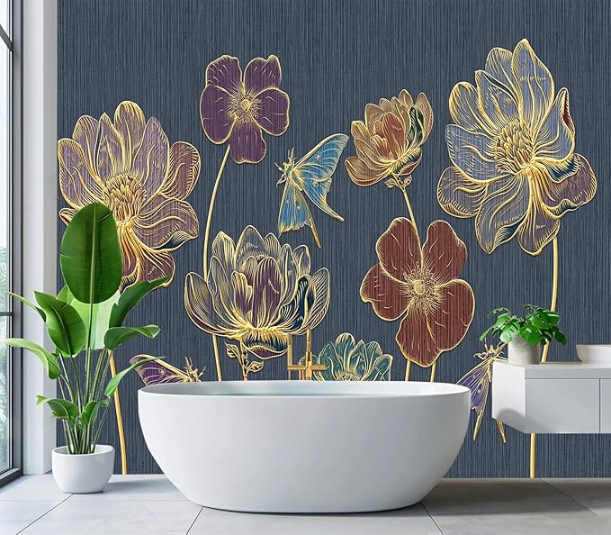Eierme-Gold Embossed Plants and Flowers Mural Wallpaper Peel and Stick 137" x 102"
