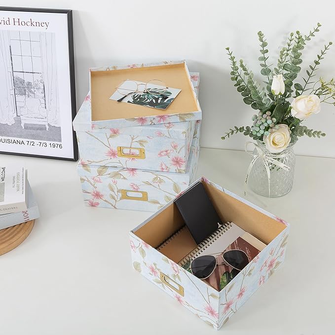 Soul & Lane Decorative Cardboard Storage Boxes - Set of 3 Square Stacking Boxes with Lids and Gold Label Holders, Nesting Photo Storage for Decor and Organizing, Pale Blue