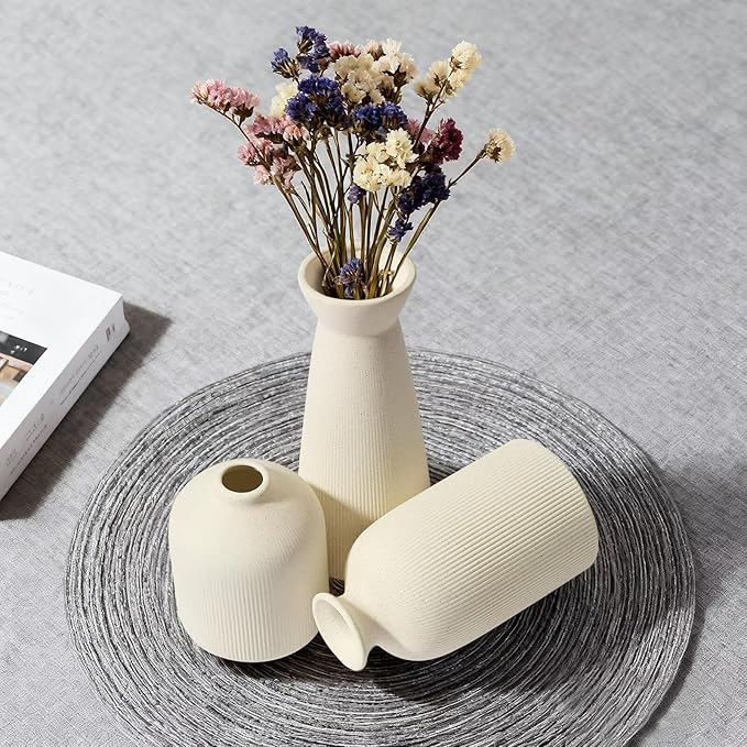 Christmas Ceramic Flower Vases Set of 3, Large Xmas Gift Vases with Vertical Stripe Texture, Modern Decorative Vases for Dried Flowers, Home Decor for Living Room Bedroom Kitchen Shelf(Beige)