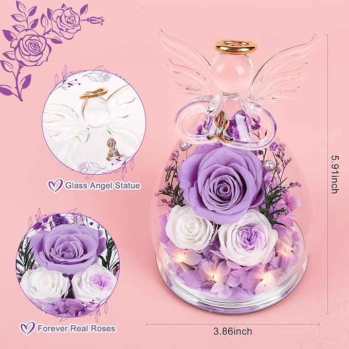 FIACO Gifts for Women Preserved Rose Forever Flower in Glass Angel Figurines Fresh Flowers for Delivery Prime Mothers Day Birthday Gifts for Mom Real Roses for Grandma Sister Wife Her from Daughter