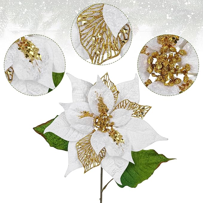 10" Poinsettia Flower Artificial for Christmas Tree Decor, 3 Pcs Faux Glitter Poinsettias Stems for DIY Xmas Wreath & Garland, Christmas Ornaments for Home Party, Holiday Decorations, White Gold