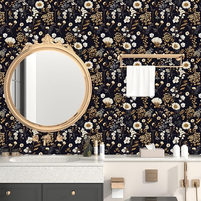 Dark Floral Peel and Stick Wallpaper Vintage Flower Contact Paper Vinyl Waterproof Self Adhesive Removable Retro Decor Black gold Botanical Wall Paper for Bedroom Walls Bookcase Drawers 17.5" x 118"