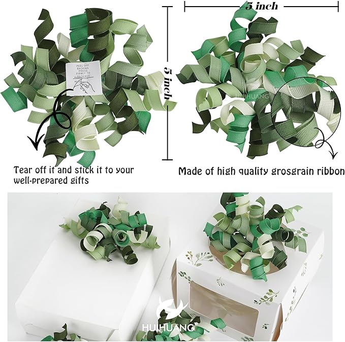 HUIHUANG Green Curly Gift Bows Self Adhesive Sage Green Burst Gift Bow for Gift Wrapping, Birthday, Wedding Baby Shower Party Favors, Wine Bottle, Treat Bags- 6 Counts