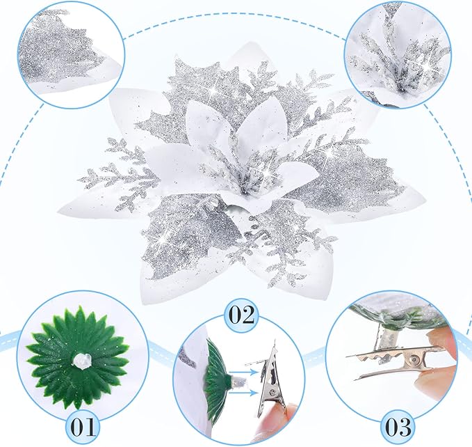 36 Pcs Christmas Glitter Artificial Poinsettia Flowers Xmas Poinsettia Artificial Wedding Flowers Decorations Xmas Tree Ornaments with Clips for Party, 6 Inch, 4 Inch, 3 Inch(Silver and White)