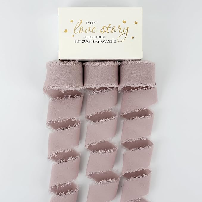 MEEDEE Dusty Rose Chiffon Ribbon 1 Inch Fringe Ribbons Pink Chiffon Silk Frayed Edge Ribbon Thin Chiffon Ribbons for Crafts, Gift Wrapping, Wedding Invitation (3 Rolls 21 Yards)