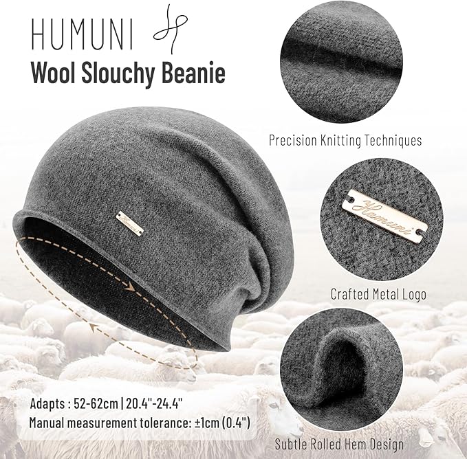 100% Wool Slouchy Beanie, Warm Beanie Hats for Women Breathable Knitting Skull Beanies Cap for Spring Fall Winter
