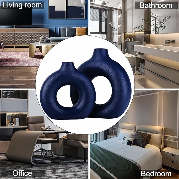 Navy Blue Vase Decor Donut Vase Set of 2 - Circle Hollow Vases, Modern Matte Ceramic Vases for Entryway Living Room Bedroom Dining Table Centerpiece Office Home Decor