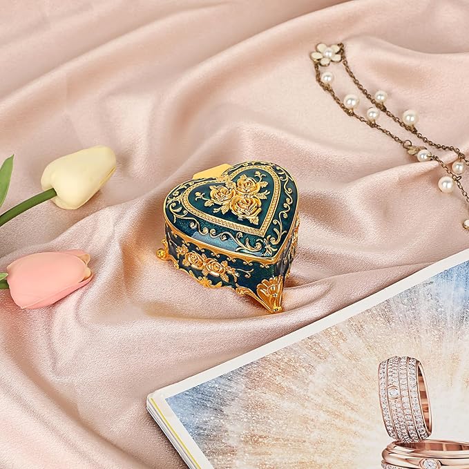Hipiwe Vintage Metal Jewelry Box - Heart Shape Trinket Box Ring Case with Rose Pattern Jewelry Storage Box for Ring Earrings Necklace, Keepsake Box for Women, Blue