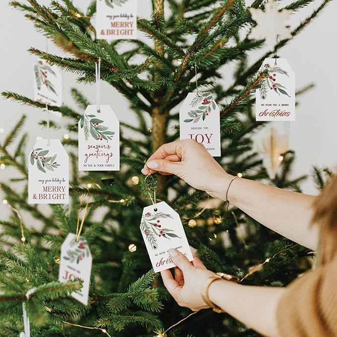 100 Pcs Merry Christmas Gift Tags Happy Holidays Paper Tag Watercolor Holly Xmas Hanging Label Tags with Hemp Rope for Xmas Season Gift Wrapping DIY Crafts, 4 Designs