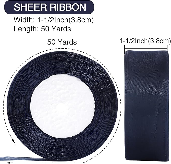 1-1/2 Inch x 50 Yards Sheer Organza Ribbon Chiffon Ribbon for Gift Wedding Flower Bouquet Wrapping Decorations Crafts (Navy Blue)