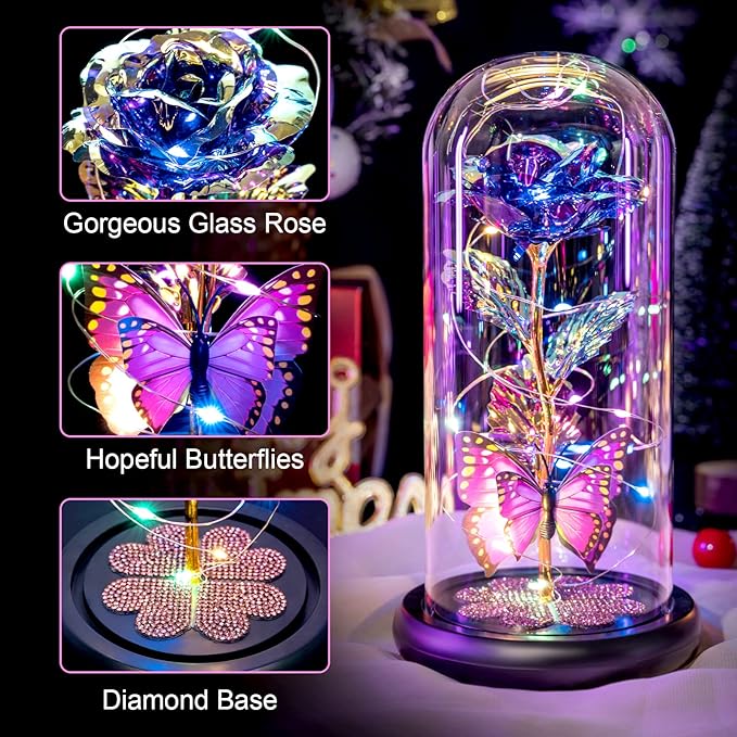 Womens Gifts for Christmas, Christmas Rose Gift for Women Birthday Gift Galaxy Glass Rose Forever Eternal Crystal Flower Light Up Roses in Glass Dome Purple Xmas Gifts for Mom Grandma Wife Her Sister