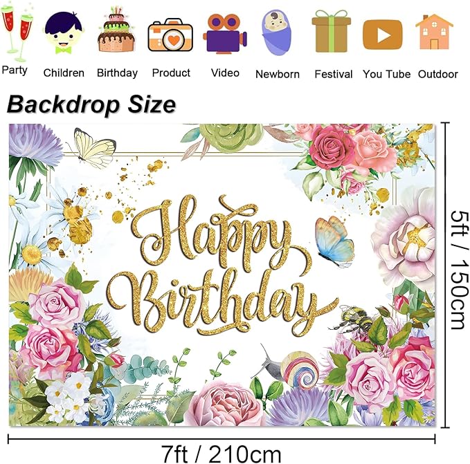 Flower Decoration Backdrop for Women Girl Birthday Party Spring Butterfly Happy Birthday Photography Background Greenery Pink Wildflower Banner 7x5ft