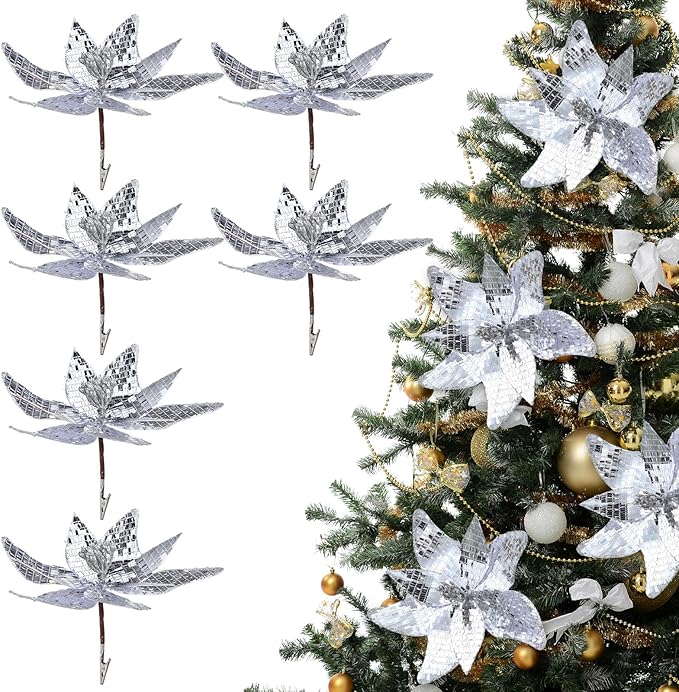6 Pcs 10.6'' Christmas Large Silver Mirrored Poinsettias with Clips Artificial Glitter Poinsettias Flowers Christmas Tree Ornaments for Xmas New Years Eve Garland DIY Project Winter Wedding Decor
