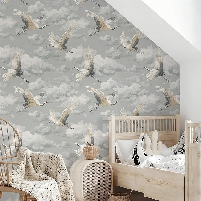 Peel and Stick Vintage Chinoiserie Animal Wallpaper Removable Grey Crane 17.7" x 236.22" Wall Paper Watercolor Self Adhesive Contact Paper for Classroom Bedroom Laundry Room Bathroom