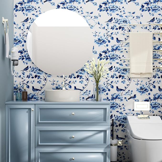 Blue Bird Wallpaper Peel and Stick, Vintage Floral Contact Paper 17.5in x32.8ft Modern Wall Mural Boho Wall Paper Self Adhesive Removable Waterproof for Bathroom Bedroom Cabinet Drawer Kitchen Decor