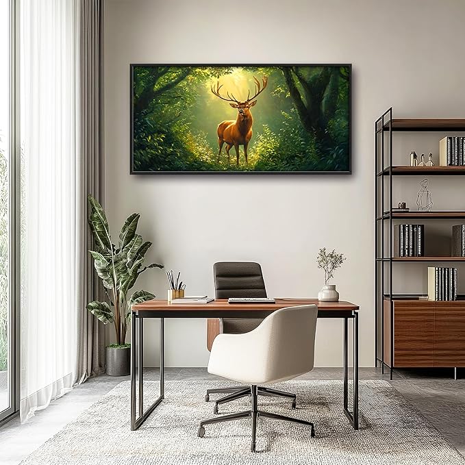 Forest Elk Deer Large Wall Art Framed Green Wall Decor for Living Room Farmhouse Deer Pictures Oversized Canvas Print Painting Modern Extra Large Framed Artwork for Bedroom Office 60"x30"