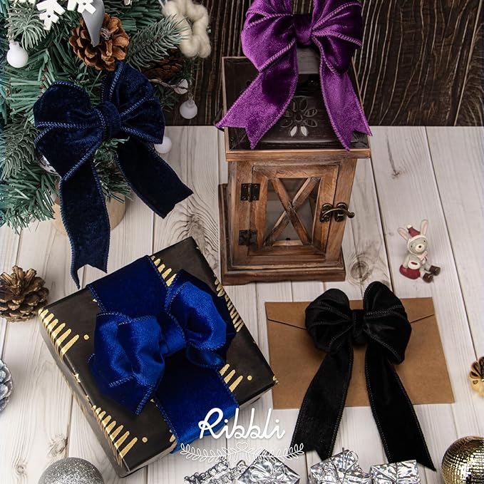 Ribbli Navy Velvet Wired Ribbon 1.5 Inch Velvet with Satin Christmas Ribbon for Gift Wrapping Christmas Tree Decoration Crafts Wreaths Supplies-Continuous 10 Yards