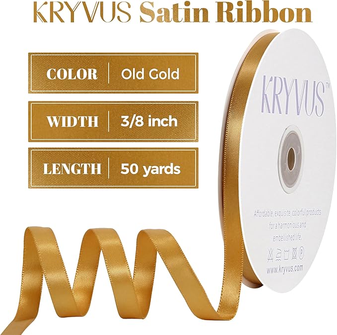 Old Gold Satin Ribbon, Double Faced 3/8 Inch X 50 Yards Old Gold Ribbon, Premium Satin Ribbon for Gift Wrapping, Crafts, Hair Bow Making, Sewing, Flower Bouquet, Wedding Party Decor