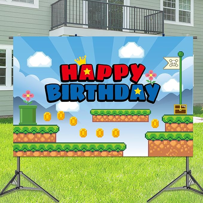 Cartoon Happy Birthday Backdrop, 150 * 100cm/5 * 3ft Video Game Themed Birthday Banner Cute Wall Hanging Decoration for Party Celebration Supplies