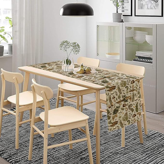 Vintage Woodland Mushroom Table Runner, Rustic Forest Green Plants Wild Mushroom Ferns Daisy Print Kitchen Dining Table Runners for Indoor Outdoor Home Party Holiday Decor, 13x70inch