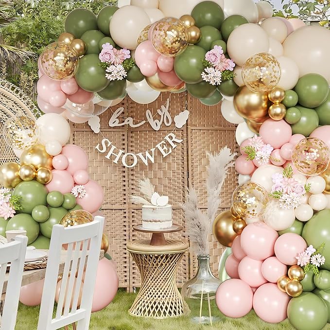 Avocado Green Pink Balloon Arch Kit, 146Pcs Pastel Pink White Sand Retro Avocado Green Gold Confetti Balloons for Baby Bridal Shower Wedding Engagement Birthday Party Decorations