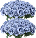 Artificial Rose Flower Dusty Blue Flowers Dusty Blue Roses Silk Flowers 50 pcs with Long Stem Silk Roses Bouquet for Wedding Bridal Shower Party Home Decoration