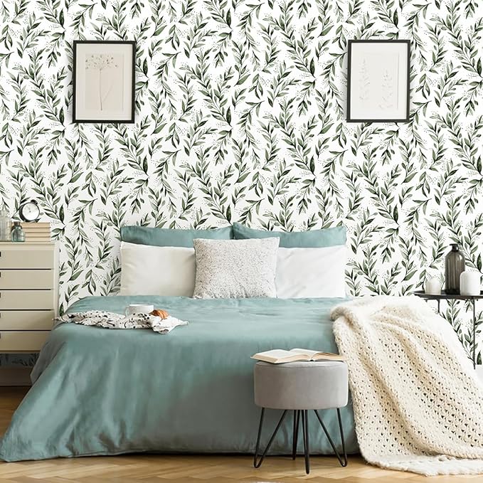 Erfoni Green Leaf Wallpaper Floral Peel and Stick Wallpaper 17.7inch x 196.8inch Greenery Leaves Self Adhesive Contact Paper Peel and Stick Olive Botanical Flowers Wall Paper for Bedroom Decor Vinyl