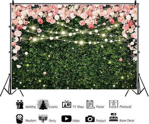 10x6.5ft Flower Wall Backdrop Pink Rose Floral Blossom Green Leaves Photography Background Women Girls Birthday Party Wedding Banner Decorations Portraits Supplies Photo Booth Props