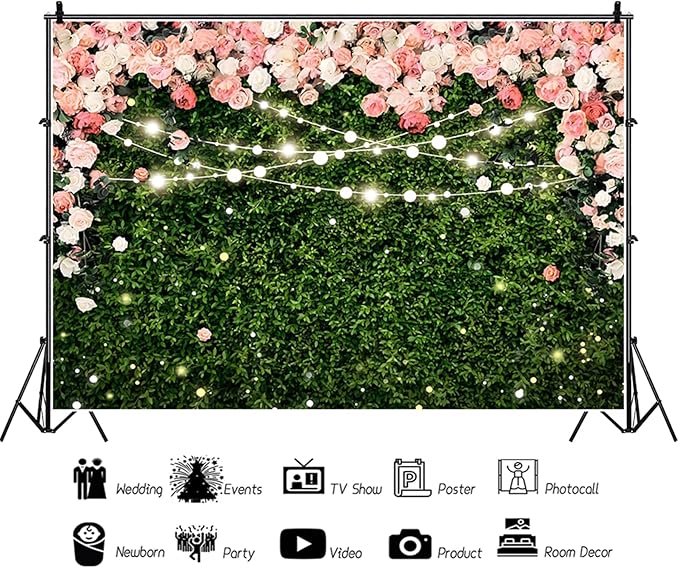 7x5ft Flower Wall Backdrop Pink Rose Floral Blossom Green Leaves Photography Background Women Girls Birthday Party Wedding Banner Decorations Portraits Supplies Photo Booth Props