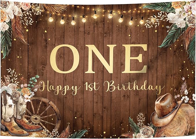 SVBright Western Cowgirl First Birthday Backdrop 8Wx6H One Year Old Pampas Grass Country West Rustic Wooden Flower Retro Boots Hat Decorations Photography Background Banner Photo Booth Studio