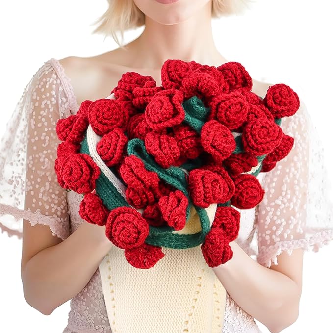 cagulax Rose Crochet Flowers Bouquet Blanket-Birthday Gifts for Mom Sister-Gifts for Couples-Anniversary Wedding Birthday-Romantic Rose Flower Bouquet-Knitted Throw Blankets Home Decor 43 Inches