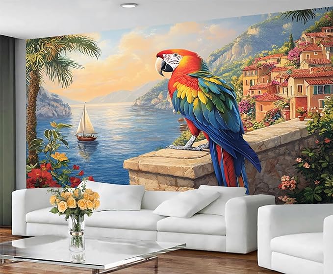 KIREUPA Macaw Parrot Wall Mural, Coastal Mediterranean Parrot 3d Wall Murals, Sunset Seaside Village Scene Wallpaper Mural, for Living Room Bedroom Large Wallpaper Indoor Decor 118" W x 82.6 "H