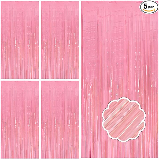 5 Pack Pink Tinsel Curtain Party Backdrop Foil Fringe Light Pink Halloween Baby Shower Valentines Wedding Birthday Decorations for Women