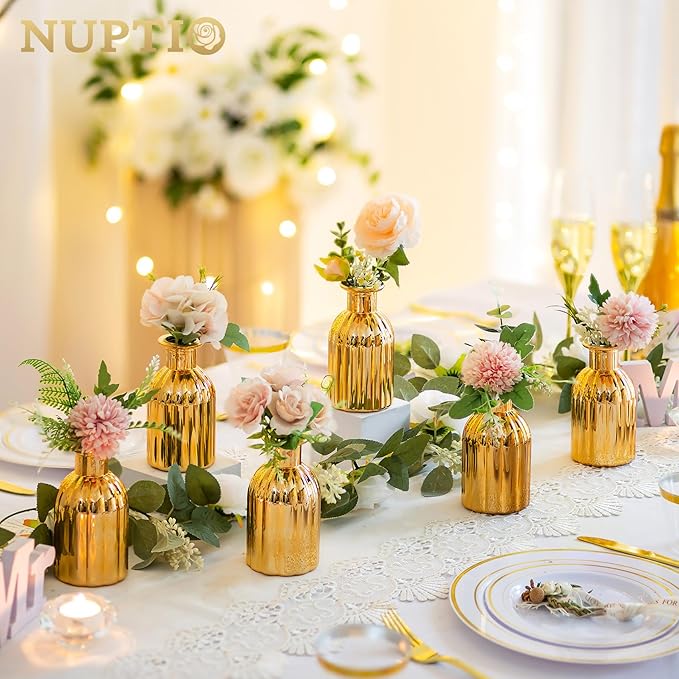 NUPTIO Bud Vases Small Gold: 12 Pcs Glass Vase Set in Bulk for Flowers - Mini Vintage Flower Bottle Single Vases for Wedding Table Centerpieces