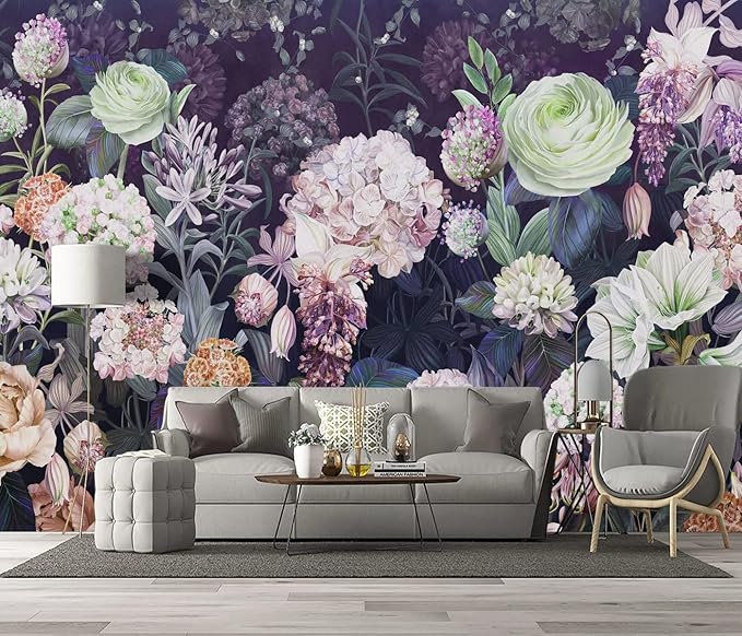 Black Floral Wallpaper Bedroom Purple Botanical Flowers Leaf murals Living Room tv Background Large Wall Mural Aesthetic Room Decor - 137"x96" Not Peel and Stick