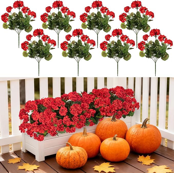 Plastic Flowers for Outdoors Home Decor Fake Plants Artificial Flowers Artificial Geraniums Outdoor Fake Flowers Silk Bouquet, Fall Decoration for Interior Porch Garden Decor(Red) 8PCS 14.4"