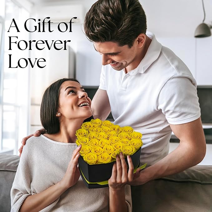GLAMOUR BOUTIQUE 27 Flower Forever Heart Shape Box - Preserved Roses Gift for Her, Preserved Flowers, Yellow