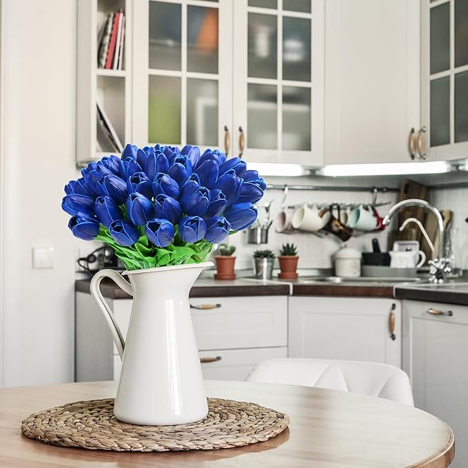 20pcs Blue Tulips Artificial Flowers Fake Silk Tulips Real Touch Flowers for Spring Kitchen Wedding Home Decor Arrangements Easter Decor 14 Inch