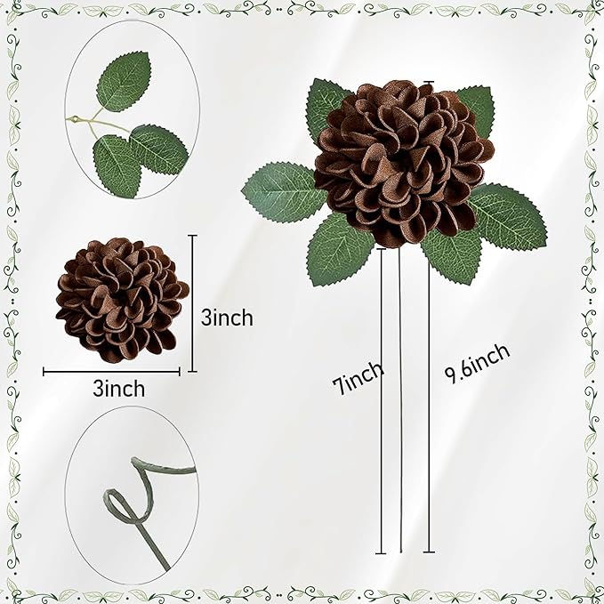 Artificial Flowers, 50pcs Artificial Rose for DIY Bouquets Arrangement, Brown Dahlia Flowers Foam Fake with Stems for Wedding Shower Party Floral Arrangements Tables Home Decorations