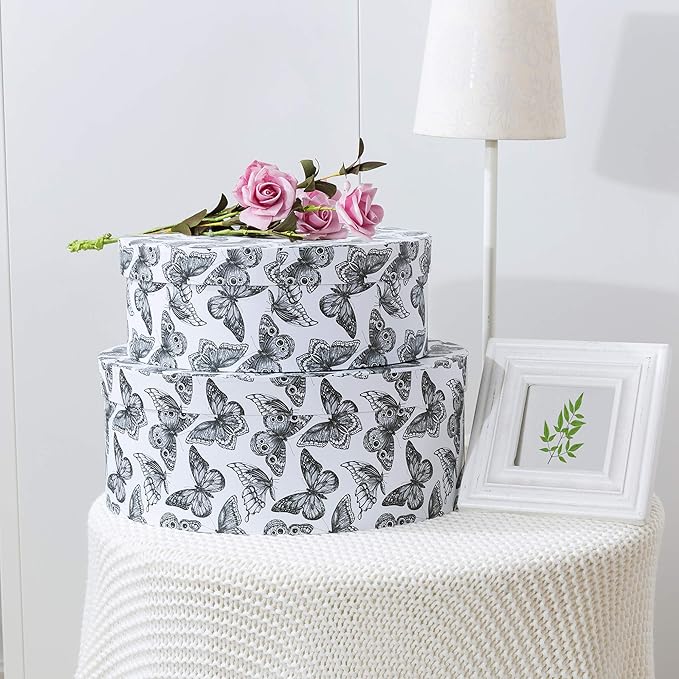 Soul & Lane Oblong Decorative Cardboard Storage Boxes with Lids, Graceful Flight, Set of 2 Black and White Butterfly Keepsake Boxes for Women, Oval Nesting Storage for Gifts and Organizing