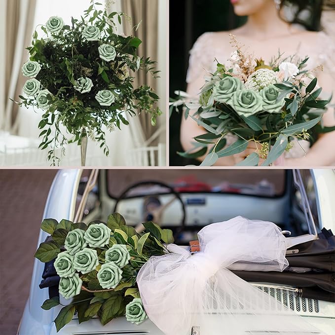 200PCS Elf Green Artificial Flowers Roses Real Looking Foam Fake Roses with Leaves for DIY Wedding Bouquets Bridal Shower Party Decorations (Elf Green, 200)