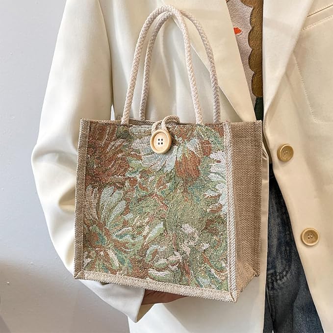 Women Tote Bag,2Pcs Jute Casual Tote's Handbag Embroidered Personalized Bento Bag,Reusable Grocery Bags Shopping Bags