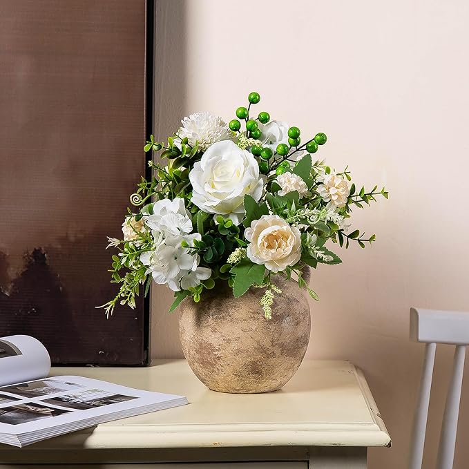 6in Ceramic Flower Vase with Handle - Small Short Terracotta Vases - Vintage Porcelain Vase for Home Decor - Christmas Decorative Farmhouse Vase Living Room Shelf Table, Lyeec