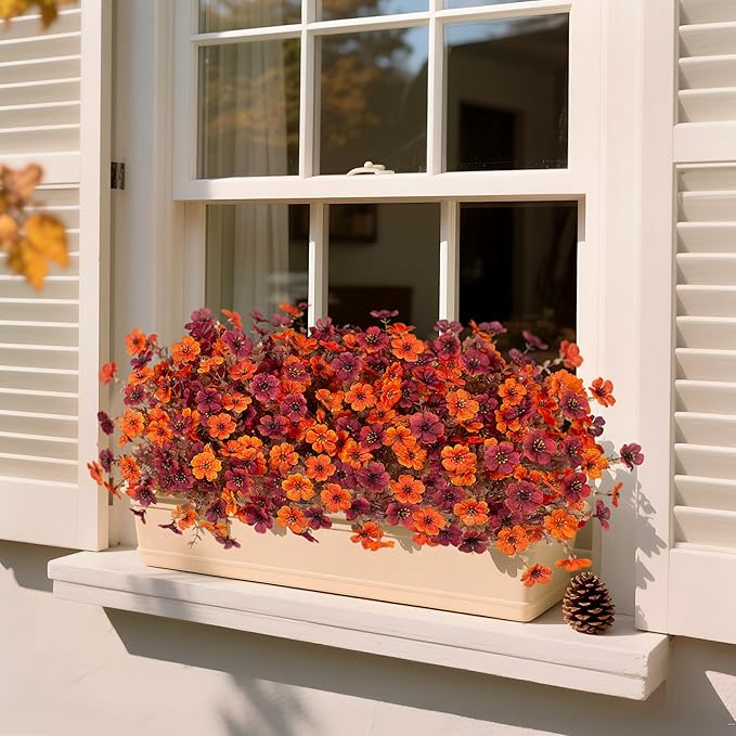 Fall Mums Artificial Flowers for Outdoors Potted, 12 Bundles Fake Fall Daisy Flower with Realistic Eucalyptus Leaves, Fake Plants for Greenery Boxwood Porch Patio Garden Pot Courtyard Lawn